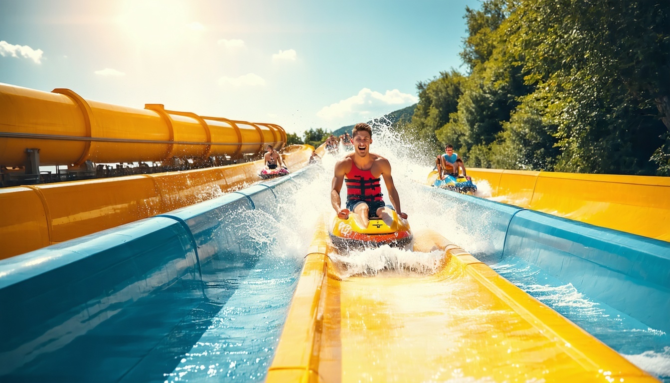 Friends racing on multi-lane water slides under the sun