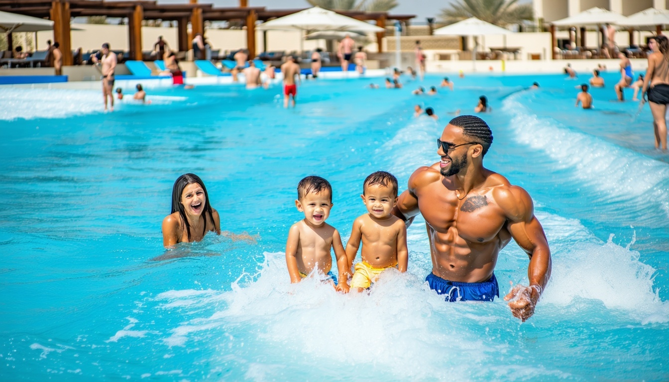 Family enjoying a relaxing wave pool in Dubai